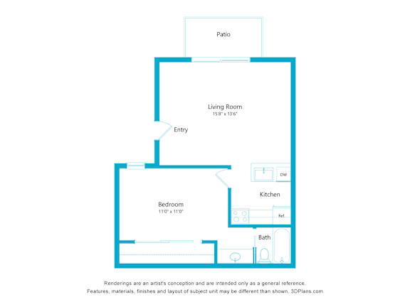 A floor plan of a house with a living room, bedroom, kitchen, bathroom and patio.
