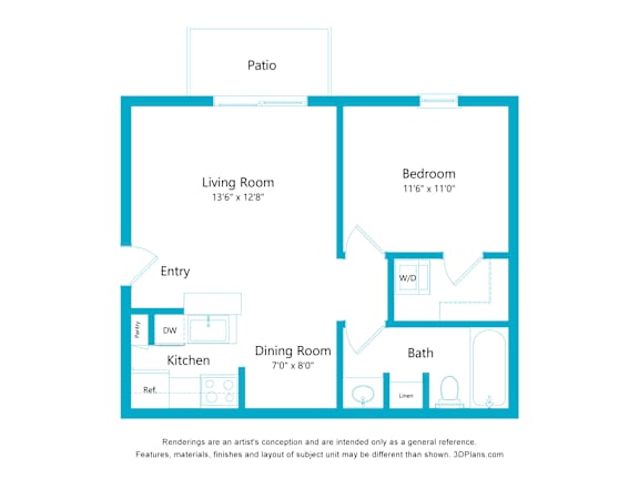 A floor plan of a small apartment with a living room, dining room, kitchen, bathroom, and bedroom.