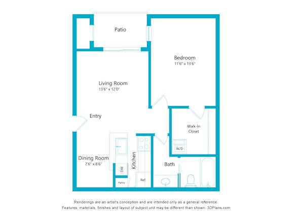A floor plan of a house with a living room, dining room, kitchen, bath, bedroom, and patio.