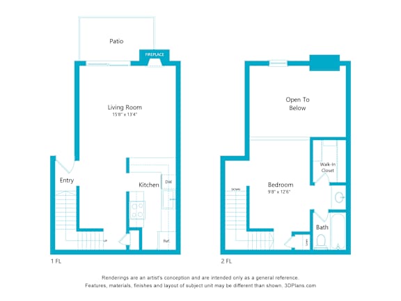 A floor plan of a two-story house with a living room, kitchen, bath, and bedroom.