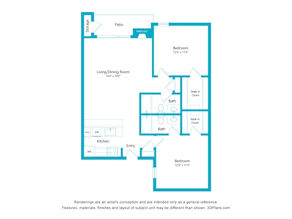 A floor plan of a house with a living/dining room, two bathrooms, a kitchen, and two bedrooms.