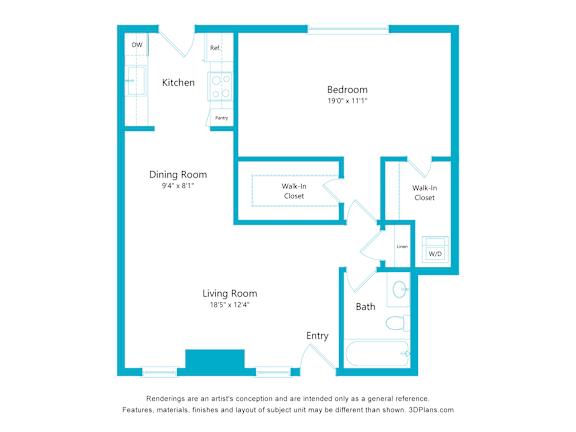 A floor plan of a house with a kitchen, dining room, living room, bedroom, and bathroom.