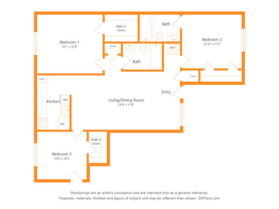 A floor plan of a home with three bedrooms, a living/dining room, a kitchen, and a bathroom.