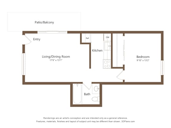 A floor plan of a home with a living/dining room, kitchen, and bath.