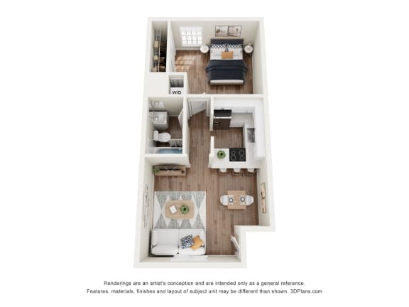 a stylized floor plan of a 1 bedroom with a bathroom and a living room