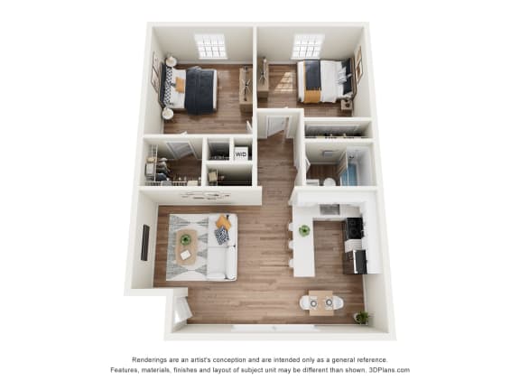 a stylized floor plan with a bedroom and a living room
