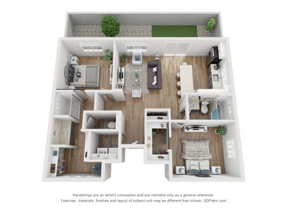 A 3D floor plan of a house with a kitchen, living room, and bedrooms.