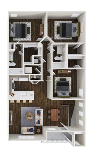 a furnished floor plan with a bedroom and living room