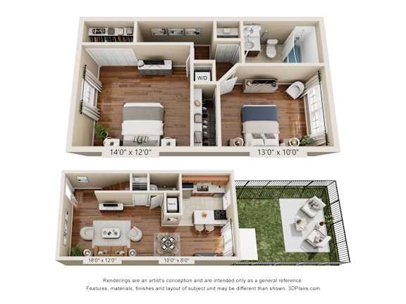A floor plan of a two-bedroom apartment with dimensions and a disclaimer.