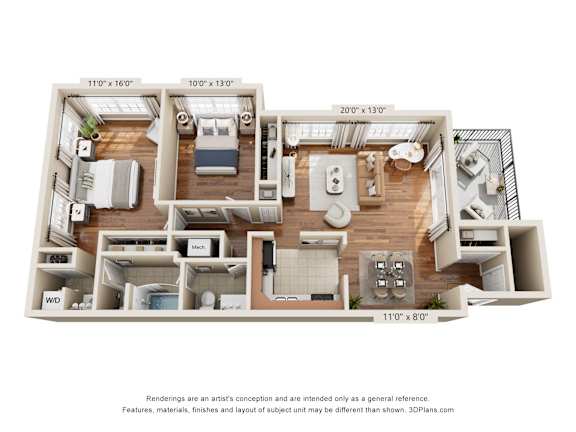 A 3D floor plan of a house with dimensions and a disclaimer at the bottom.