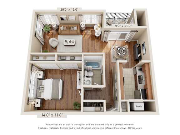 A 14'0" x 11'0" floor plan of a house with a kitchen, living room, and bathroom.