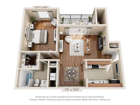 A 3D floor plan of a small apartment with a kitchen, living room, and bathroom.