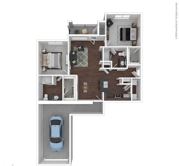 A floor plan of a house with a car parked in the garage.