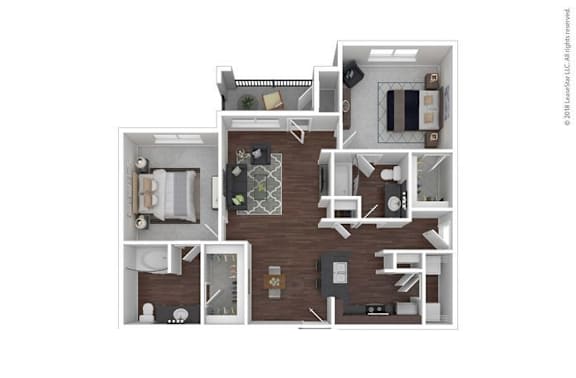 A floor plan of a house with a kitchen, living room, and two bedrooms.