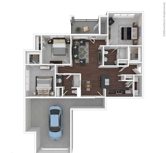 A blue car is parked in a garage in a house plan.