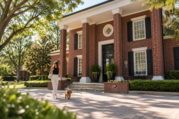 A woman walking her dog in front of a red brick house.