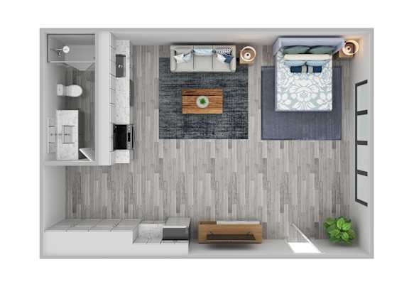 A modern bedroom with a bed, nightstand, and a wall-mounted shelf.