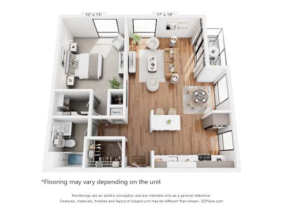 A 3D floor plan of a small apartment with a kitchen, living room, and bathroom.