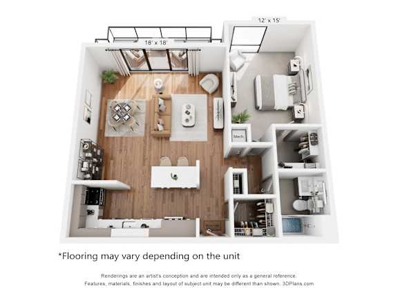 A 3D floor plan of a small apartment with a kitchen, living room, and bathroom.