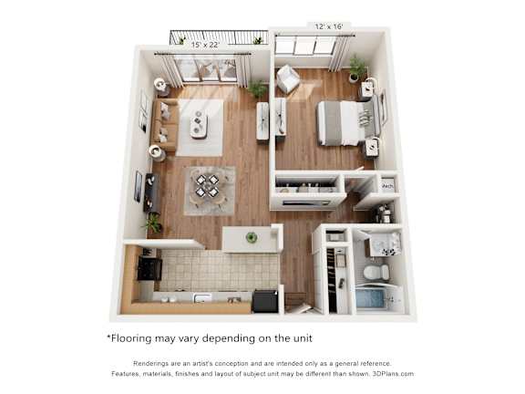 A 3D floor plan of a small apartment with a kitchen, living room, and bedroom.