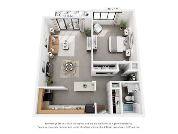 A 3D floor plan of a small apartment with a kitchen, living room, and bedrooms.