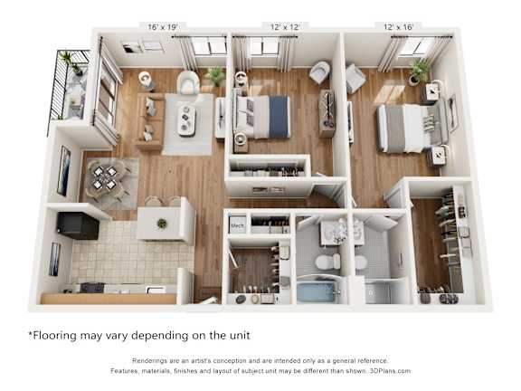 A 3D floor plan of a small apartment with a kitchen, living room, and bathroom.