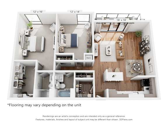 A 3D floor plan of a small apartment with a kitchen, living room, and bedroom.