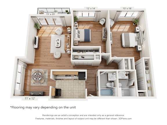 A 3D floor plan of a house with a kitchen, living room, and bedrooms.