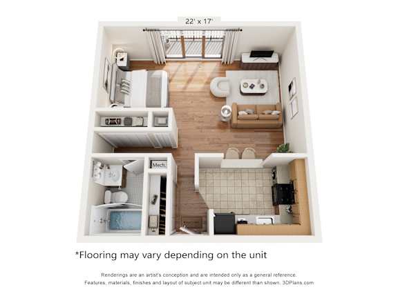 A 3D floor plan of a small apartment with a kitchen, living room, and bathroom.