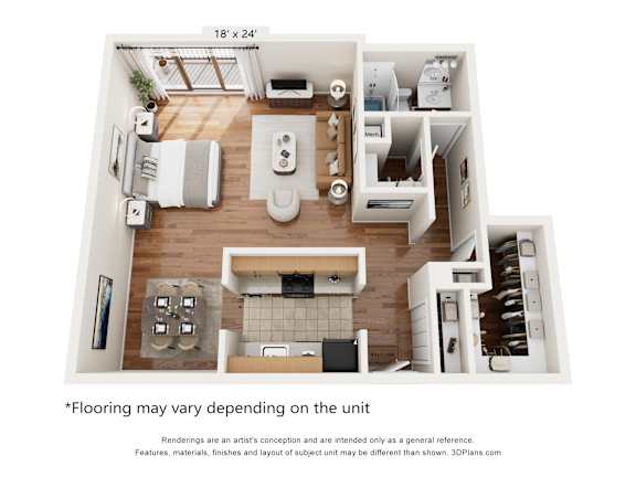 A 18' x 24' floor plan of a house with a kitchen, living room, dining room, and two bedrooms.