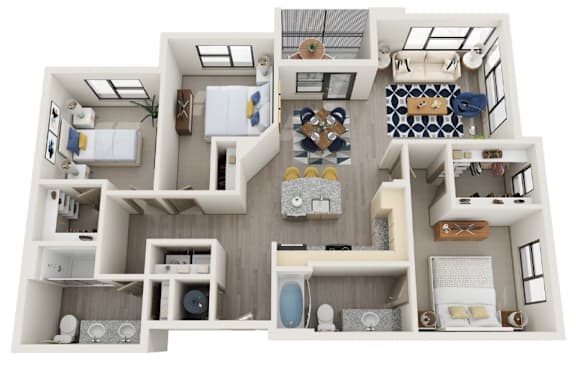A 3D floor plan of a house with multiple rooms and furniture.