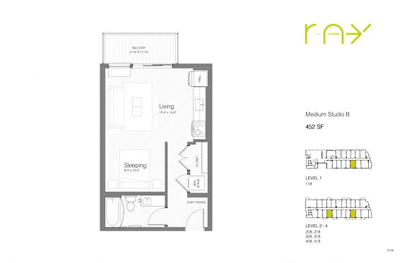 A floor plan for a medium studio apartment with a living room, sleeping area, and bathroom.