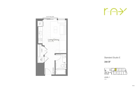 A floor plan for a 356 square foot studio apartment.