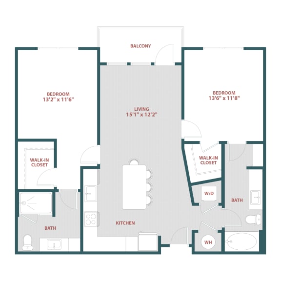 Floor Plan  B1 Two bedroom, Two bathroom at 19 South Apartments, Florida, 34744