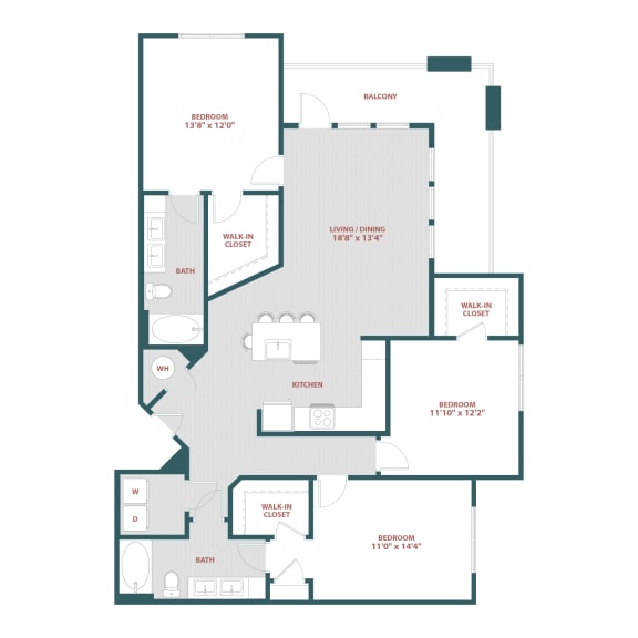 Floor Plan  C1 Three bedroom, 2 bathroom at 19 South Apartments, Kissimmee