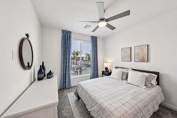 Bedroom With Expansive Window at Fora Apartments, Las Vegas Nevada