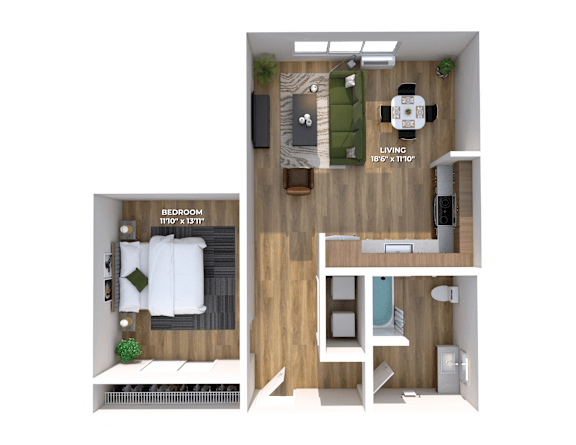 3D floor plan with one bedroom and living area at Montage Apartments, Tigard, OR 97223