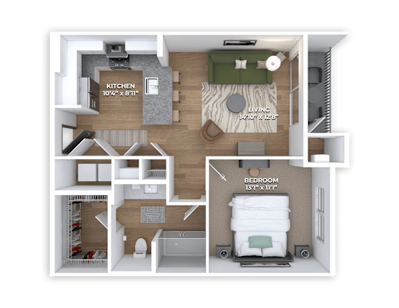 A 3D floor plan of a small apartment with a kitchen, living room, and bedroom.