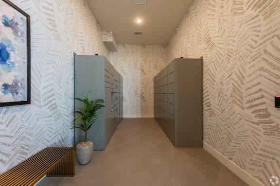 a mens locker room with two gray lockers and a potted plant at Aura Vegas Apartments, Las Vegas, NV