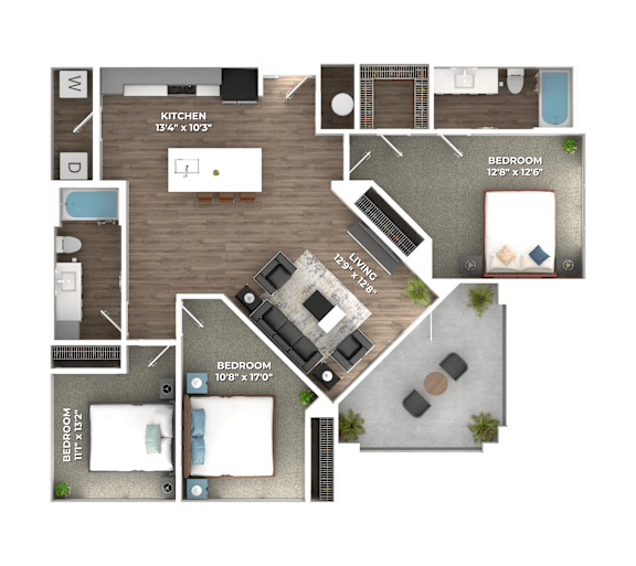Floor Plan  A floor plan of a house with a kitchen, two bedrooms, and a living area.