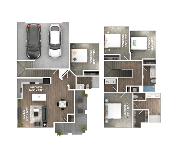 Floor Plan  4 Bed, 3 Bath Townhome D1 Floorplan at Stillwater Lakes Apartments, Florida 34744