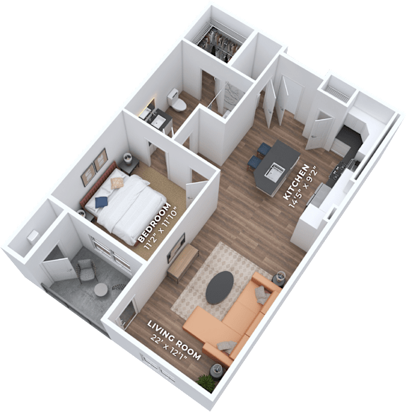 A 22 x 12 foot living room is adjacent to a kitchen.