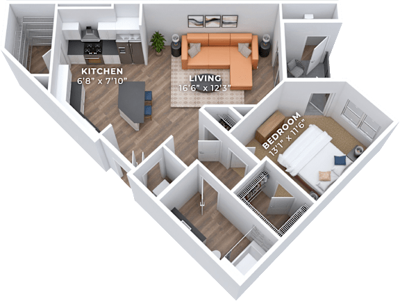 A 3D floor plan of a small apartment with a living room, kitchen, and two bedrooms.