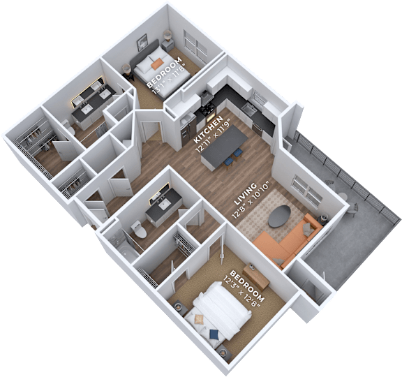 A 3D floor plan of a two-bedroom apartment with a kitchen and living room.