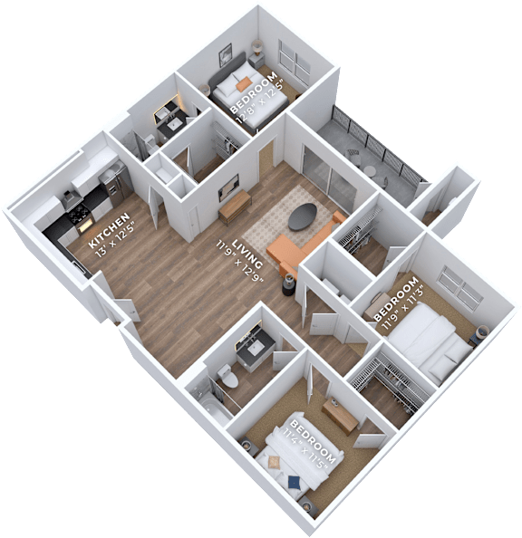 A 3D floor plan of a house with three bedrooms, a living room, and a kitchen.