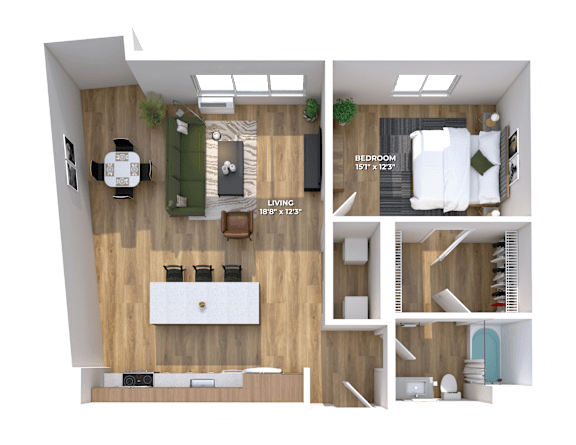 3D floor plan with open living dining and bedroom at Montage Apartments, Tigard