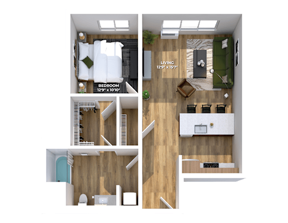 One bedroom apartment floor plan with open layout at Montage Apartments, Oregon, 97223