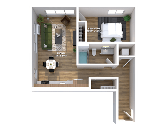 One bedroom 3D floor plan with dining area at Montage Apartments, Tigard, OR 97223
