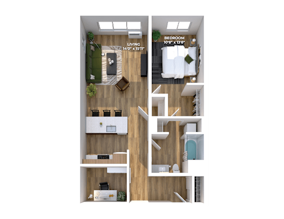 One bedroom 3D floor plan with office space at Montage Apartments, Tigard, OR