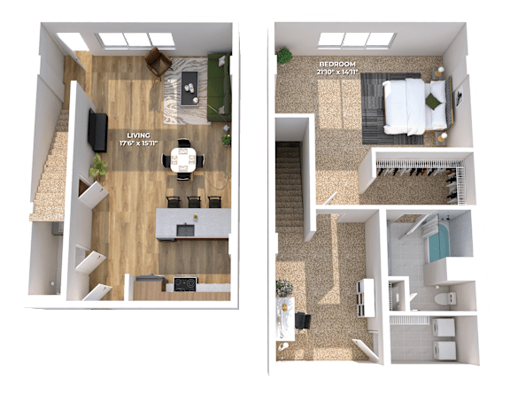 Two story 3D floor plan with bedroom and living room at Montage Apartments, Tigard, 97223